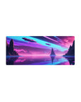 Mouse pad featuring a futuristic landscape, 28x12 inches, with neon skies, spacecraft flying over towering cliffs, and a shimmering lake.