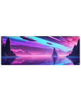 Compact 32x12 inches mouse pad with a futuristic landscape, blending neon skies, towering cliffs, and flying spacecraft for a bold, visionary aesthetic.