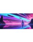 Desk pad featuring a futuristic landscape, 36x16 inches, with neon skies and sleek spacecraft flying above towering cliffs and a shimmering lake.