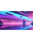 Desk pad featuring a futuristic landscape, 40x20 inches, with neon skies, towering cliffs, and sleek spacecraft flying above a shimmering lake.