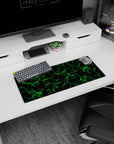 Neon Grid Flow mouse pad, 28x12 inches, featuring bold green geometric lines, ideal for adding energy and futuristic style to your desk setup.