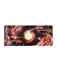 Mouse pad featuring vivid reds, golds, and yellows swirling around a glowing celestial core, 28x12 inches, perfect for adding cosmic energy to your workspace.