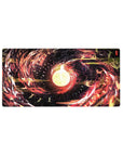 Mouse pad featuring vibrant reds, golds, and yellows swirling around a glowing celestial core, 32x16 inches, perfect for adding fiery cosmic energy to your workspace.