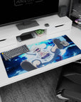 Artistic 36x16 inches desk pad with Luffy in Gear Fifth from One Piece, blending playful energy and power under the moonlight.