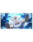 Mouse pad featuring Luffy in Gear Fifth from One Piece, 32x16 inches, capturing his joyful leap and powerful essence under the moon.