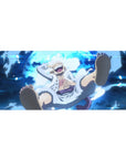 Desk pad featuring Luffy in Gear Fifth from One Piece, 36x16 inches, capturing his powerful leap and joyful energy under the moon.