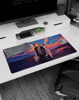 Modern 32x16 inches mouse pad featuring lone figure, golden sunset, and angelic wings for an ethereal, melancholic desk effect.