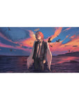 Mouse pad featuring lone figure, 40x20 inches, bathed in golden sunset with angelic wings, ocean reflections, and soaring birds.