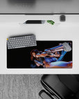 28x12 inches anime girl mouse pad in deep blacks with cool blues and steel highlights, sharp high-contrast vibe.