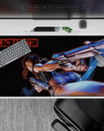 40x20 inches desk pad in deep blacks with cool blues and steel highlights, sharp print with urban noir mood.