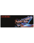 32x12 inches anime girl mouse pad with action pose, twin pistols, denim shorts, and sharp city-night detail.