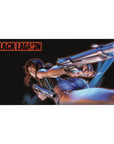 40x20 inches anime girl desk pad with action pose, twin pistols, denim shorts, and gritty city-night style.