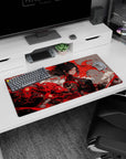 Anime girl mouse pad 32x16 inches showing a calm warrior as a crimson storm swirls, hair like midnight ink.