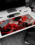 Sharp-eyed anime warrior woman with midnight hair and tassel earrings on desk pad 40x20 inches.