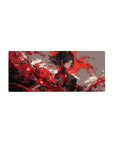 28x12 inches anime girl mouse pad with sharp-eyed warrior, bold paint-splash art, ornate black outfit.