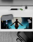 32x12 inches anime desk mouse pad in icy blues with glowing neon signs, moody rain and dreamy night vibe.