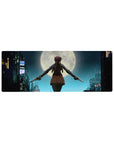 32x12 inches anime girl mouse pad with neon rainy city rooftop, full moon backdrop, cinematic desk mat.
