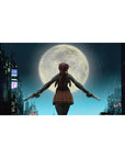 Neon rainy city rooftop anime girl desk pad, twin pistols under a giant moon, 40x20 inches.