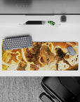 Intense 32x12 mouse pad featuring Armored Titan vs. Colossal Titan, with sparks flying for a cinematic and electrifying desk setup