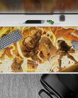 Epic 40x20 desk pad with Reiner Braun’s Armored Titan and the Colossal Titan in an intense battle, perfect for fans of cinematic anime artwork