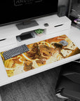 Battle-ready 36x16 anime desk mat with Reiner Braun’s Armored Titan facing off with the Colossal Titan, perfect for an intense, electrifying workspace