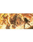 Attack on Titan 36x16 desk pad with Armored Titan and Colossal Titan battling, sparks flying as a lone warrior prepares to strike for a powerful vibe