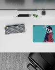 Teal backdrop anime mouse pad 14x10 inches with moody vibes, red coat contrast, and soft smoke detail.