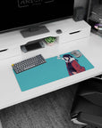 28x12 inches desk mouse pad showing calm half-lidded anime girl, hands in pockets, smoke drifting up.