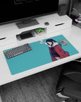 Half-lidded twin-tail anime girl mouse pad 32x16 inches, hands tucked, red coat, drifting smoke scene.