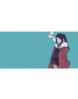 Anime girl desk pad 36x16 inches with twin-tail character, red fur-collar coat, and sleek black tie look.
