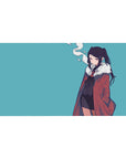 Anime girl desk pad 40x20 inches with twin-tail character in red coat, fur collar, and sleek black tie.