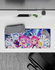 Neon blue, violet, teal and red chaotic-cute anime girl desk mat with smooth glide, 28x12 inches.