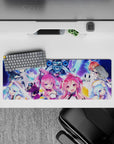 Neon pink, blue, and violet anime girl mouse pad 32x12 inches, loud cute cyber energy vibe.
