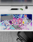 Neon cyber anime girl mouse pad 32x16 inches in electric blue, violet, teal and red on hex-grid.