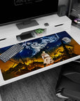 Large 40x20 inches mouse pad featuring Eren Yeager in Titan form, roaring over battlefield with fiery contrasts and epic lighting.