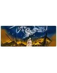 Compact 32x12 inches mouse pad with Eren Yeager in Titan form, roaring over battlefield with fiery contrasts for intense action.