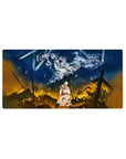 Mouse pad featuring Eren Yeager, 32x16 inches, in Titan form with fiery contrasts and cinematic lighting for intense anime action.