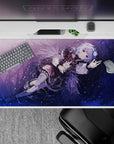 Starry violet 40x20 inches anime desk pad in purple and midnight blue, cozy magical sparkles.