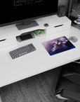 Silver-haired anime girl floats sideways with peace sign on 14x10 inches mouse pad, wings and lace.