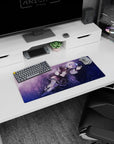 Silver-haired anime girl floating sideways with peace sign on mouse pad 28x12 inches, frilly corset look.