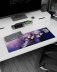 32x12 inches anime mouse pad showing a sideways floating silver-haired girl giving a peace sign with wings.