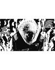 Desk pad featuring a black-and-white portrayal from Jujutsu Kaisen, 40x20 inches, capturing intense inner turmoil and cursed energy.