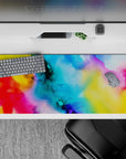 36x16 inches desk pad with vibrant watercolor splashes, blending artistic energy and colorful design for any desk setup.