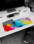 Abstract watercolor mouse pad, 32x12 inches, featuring vibrant blues, reds, and yellows, perfect for color enthusiasts.
