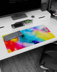 Artistic 32x16 inches mouse pad showcasing a colorful blend of blues, reds, and yellows in a striking watercolor design.
