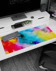 Bold 36x16 inches desk pad featuring a stunning abstract blend of blues, reds, and yellows, adding creativity to your workspace.