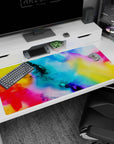 Large 40x20 inches desk pad showcasing bold watercolor splashes in vibrant blues, reds, and yellows, ideal for color lovers.