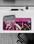 28x12 inches anime girl mouse pad in hot pink and teal tones, cute rock vibe, smooth tracking desk mat.