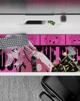 Neon pink anime desk pad 36x16 inches with teal-eyed rocker vibe, clean comic panels, smooth tracking.