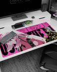 Close-up anime girl leaning forward, sleeveless top and guitar headstock, desk pad 40x20 inches.